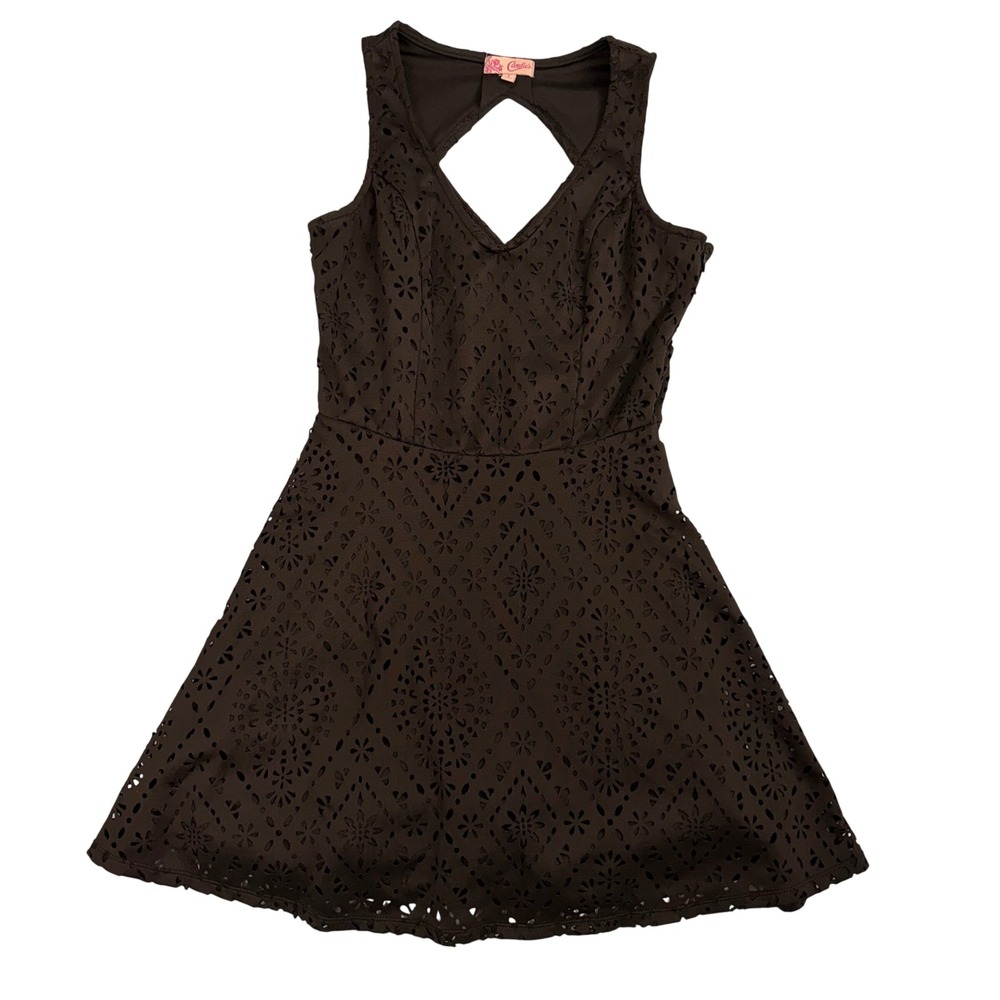 Candies Black Eyelet Cutout V Neck Fit Flare Dress Women's Size 7